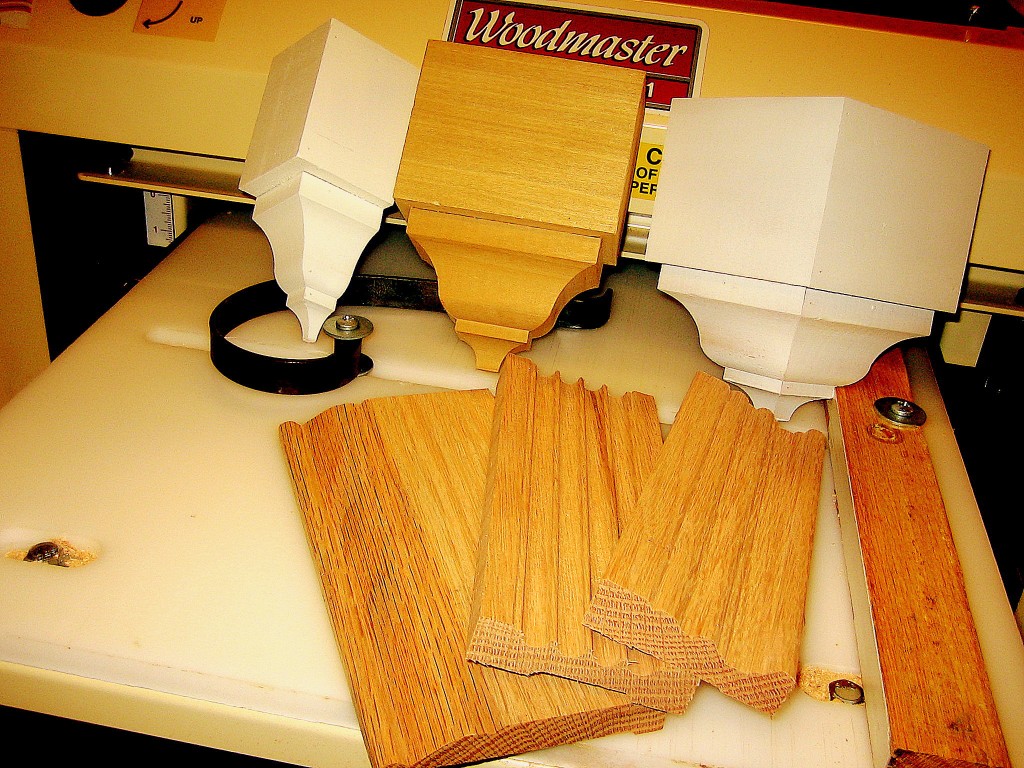 Here are some of Mike's popular products. His fluted casing "sells like hotcakes." Mike also makes corner blocks to match his crown molding. Blocks like these make installing molding easy because they eliminate having to make compound angle cuts.