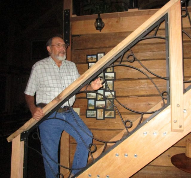 Tom, our Woodmaster Woodworker of the Month, shows off his home's stairway. Interestingly, he welded up the balusters from the teeth of an antique, horse-drawn hay rake. "We always called them 'dump rakes,' he told us.way. Interestingly, he made the balusters from the teeth of an antique, horse-drawn hay rake. "We always called them 'dump rakes,' he told us.