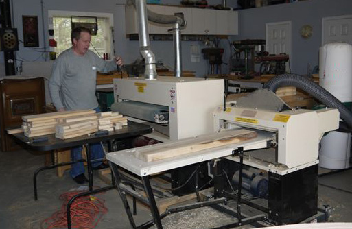 Here's Howard at work in his woodworking shop. He planes workpieces on his Woodmaster Molder/Planer (right) then sands them on his Woodmaster Drum Sander (left).